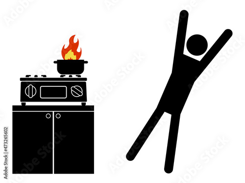 fire at the kitchen, a burning pot and a shocked stickman 　キッチン火災と驚く人のピクトグラム