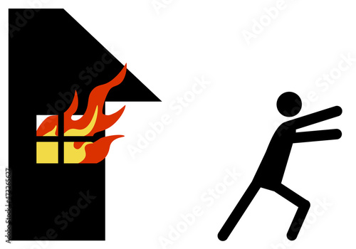 a stickman running away from a burning house vector pictogram　燃える家から逃げる人のピクトグラム