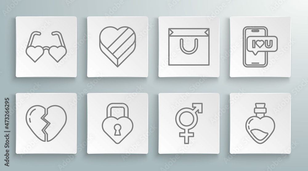 Set line Broken heart, Candy in shaped box, Castle the of, Gender, Bottle with love potion, Shopping bag, Mobile and Heart glasses icon. Vector Set line Broken heart, Candy in shaped box, Castle the of, Gender, Bottle with love potion, Shopping bag, Mobile and Heart glasses icon. Vector