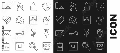 Set line Speech bubble with I love you, Flower rose, Head heart, Condom, Heart in speech, Candy shaped box, Diamond engagement ring and icon. Vector