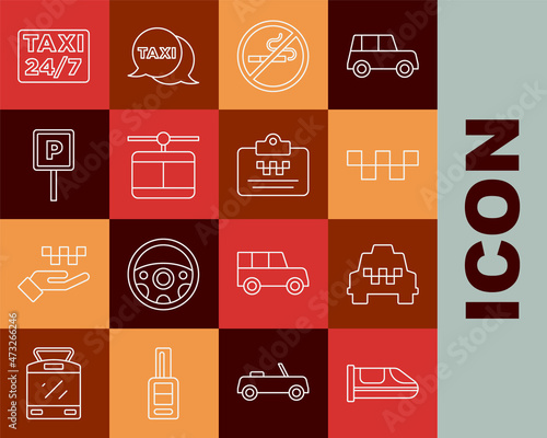 Set line High-speed train, Taxi car, roof, No Smoking, Cable, Parking, Location with taxi and driver license icon. Vector