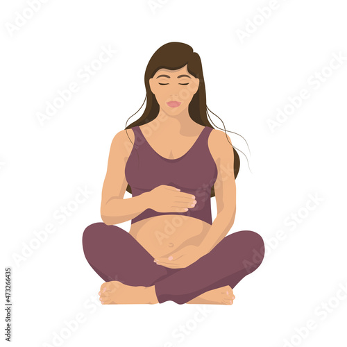 Meditating pregnant woman in lotus position. Flat style vector illustration