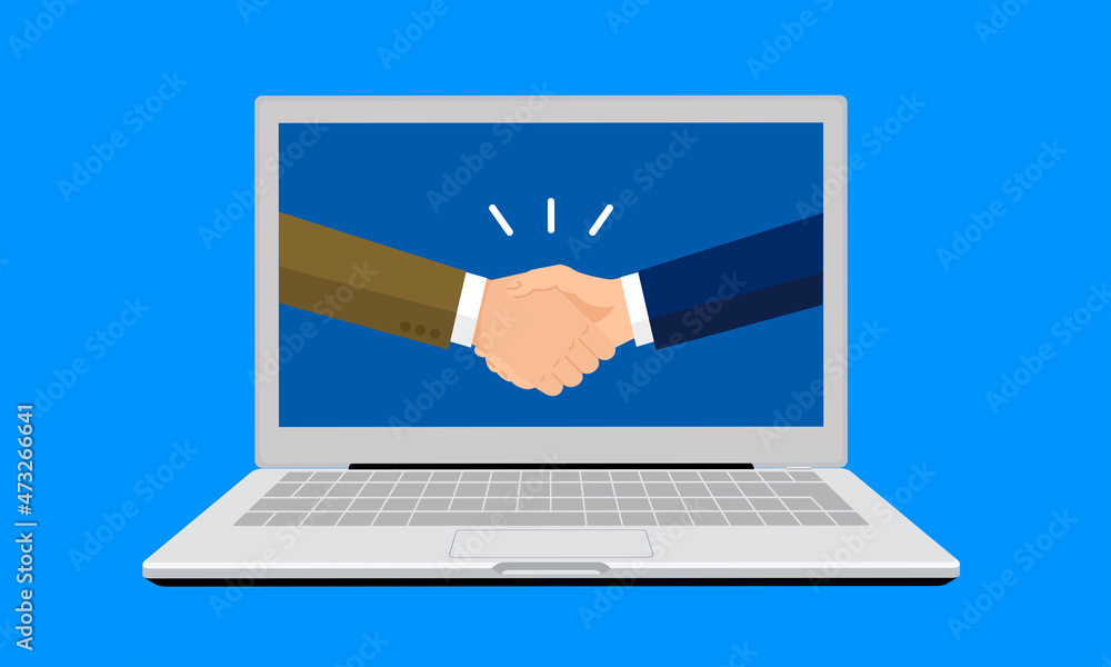 Pcと握手する男性 オンライン取引のコンセプトイラスト 青背景 ベクター Stock Vector Adobe Stock
