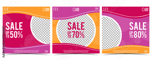 Modern Dynamic Curve Sale Social Media Carousel Background. Set of 3 Simple Square Vector Flat Style