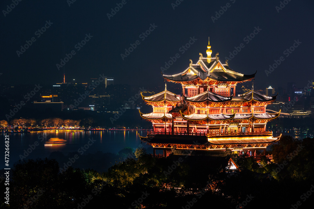 Night view of illuminated Cheng Huang Ge, also known as City God Pavillion, Hangzhou, China