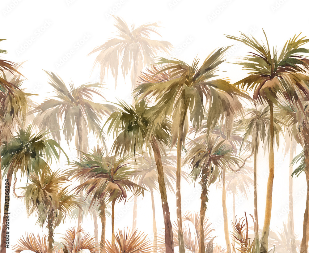 Tropical forest seamless border. Watercolor repeating wallpaper design. Palm trees jungle scene. Hand painted background