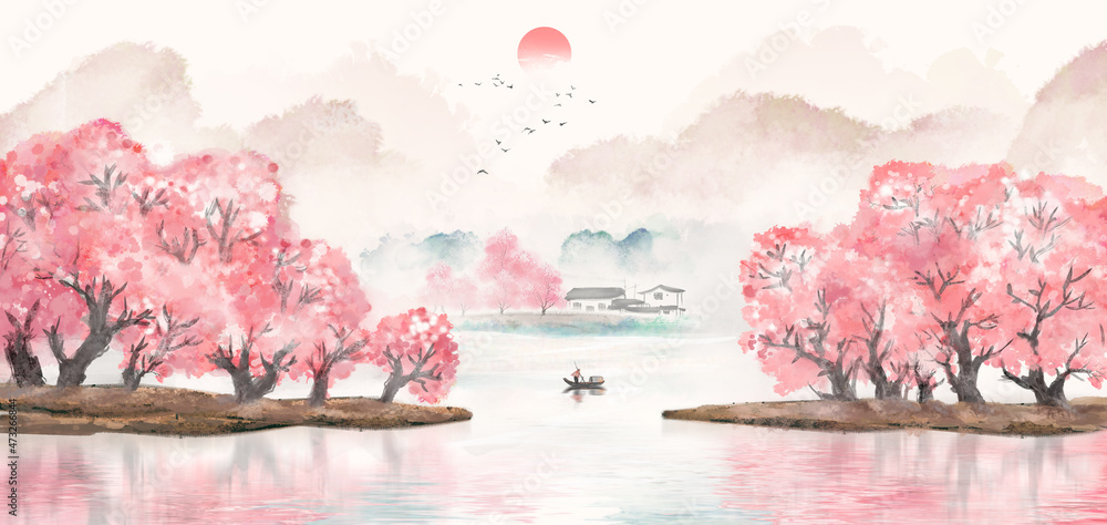 Fototapeta Hand drawn Chinese style spring Jiangnan landscape painting