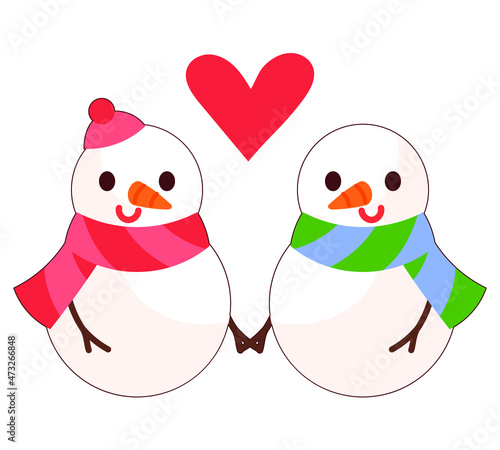A snowman couple is holding hands. Cute snowman lovers.