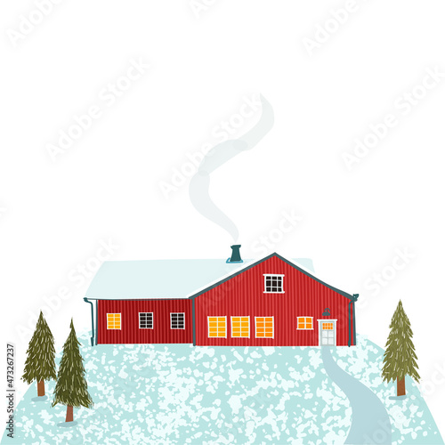 Vector colorful textured illustration of nature winter landscape with a house in the Scandinavian style, smoke from the chimney for poster, postcard, brochure, card, banner, graphic design