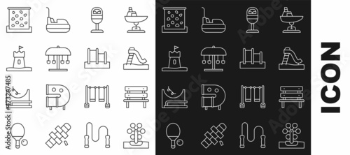 Set line Ferris wheel, Bench, Kid slide, Trash can, Attraction carousel, Sand tower, Climbing wall and Horizontal bar icon. Vector