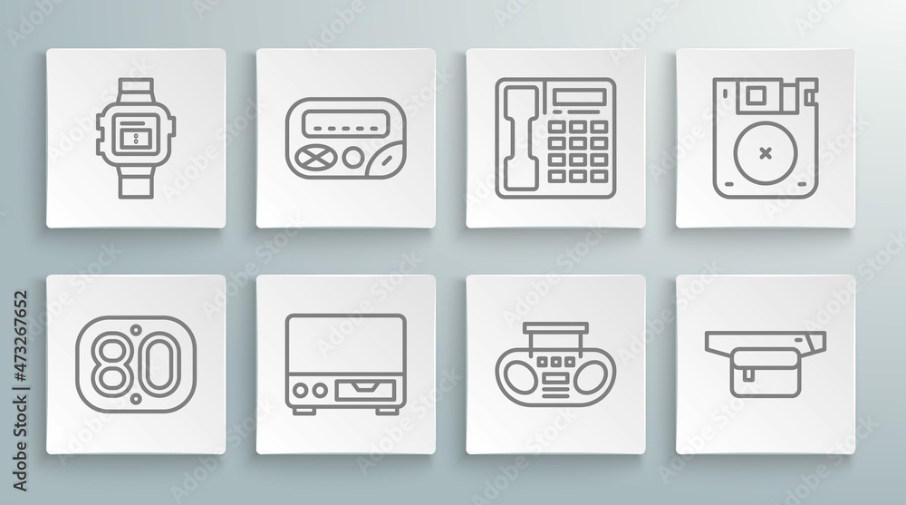 Set line 80s Retro, Pager, Old video cassette player, Home stereo with two speakers, Waist bag of banana, Telephone handset, Floppy disk and Wrist watch icon. Vector Set line 80s Retro, Pager, Old video cassette player, Home stereo with two speakers, Waist bag of banana, Telephone handset, Floppy disk and Wrist watch icon. Vector
