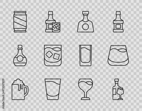 Set line Wooden beer mug, Wine bottle with glass, Tequila, Shot, Beer can, Glass of whiskey, and icon. Vector