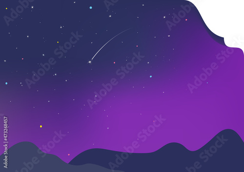 星が煌めく夜空のグラデーション、山のシルエット