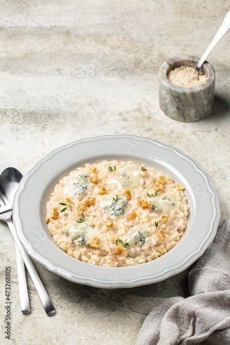 Close-up of gorgonzola and walnut risotto decorated with thyme in light grey plate. Parmesan cheese. Traditional north italian rice dish. Vertical image.