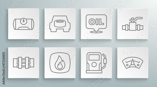 Set line Metallic pipes and valve, Spare wheel in the car, Fire flame, Petrol or gas station, Motor gauge, Word oil, and Gas tank for vehicle icon. Vector