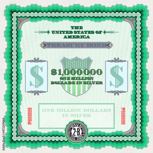 A fictional square green US Treasury bond, one million dollars in silver. Guilloche mesh and frame. New York vintage seal