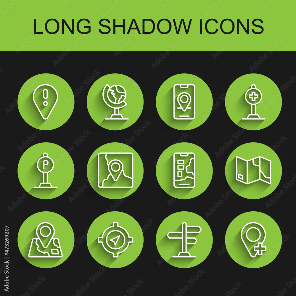 Set line Folded map with location marker, Compass, Location exclamation, Road traffic sign, and City navigation icon. Vector Set line Folded map with location marker, Compass, Location exclamation, Road traffic sign, and City navigation icon. Vector
