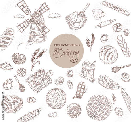 Fresh baked bread. Bakery background. Bread and cookies collection. Sketchy hand-drawn vector illustration.