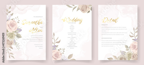 Wedding invitation template set with floral and leaves decoration