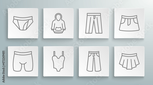 Set line Cycling shorts, Hoodie, Swimsuit, Pants, Skirt, and Men underpants icon. Vector