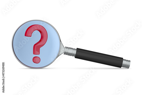 magnifier and question on white background. Isolated 3D illustration