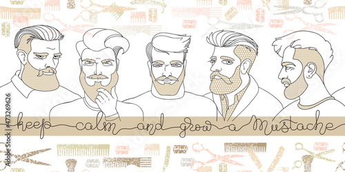 Portraits men with a beard. Seamless pattern. Line art style.