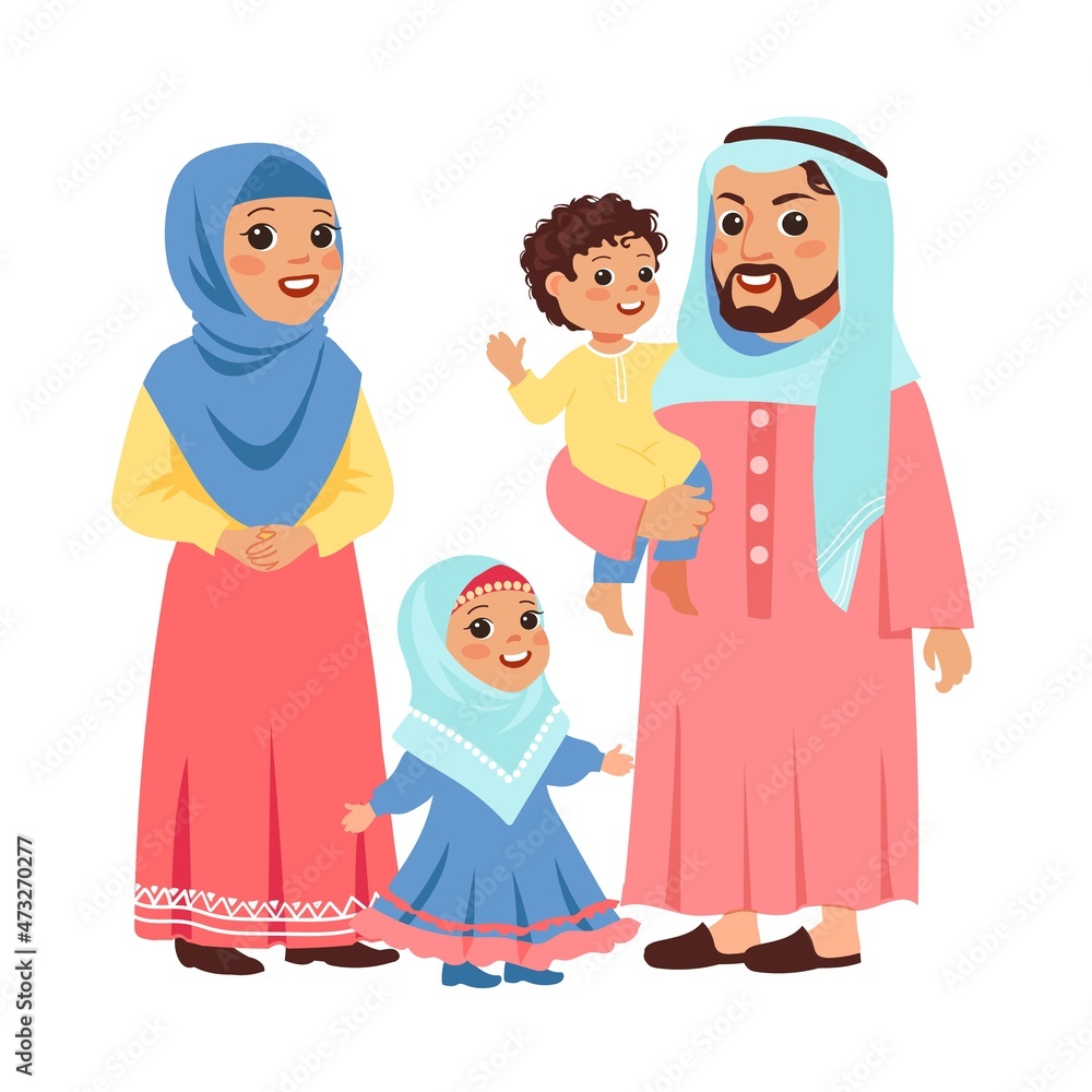 Muslim family portrait. Arabic people, mother and father with funny children in traditional national clothes, daughter and son. Islamic ethnic culture, vector cartoon flat isolated set