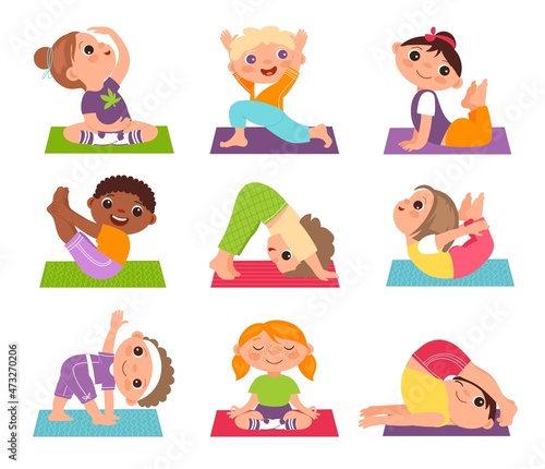 Children yoga. Funny boys and girl in different poses, sportive kids, training and stretching, healthy lifestyle, harmony healthy lifestyle, vector cartoon flat style isolated set