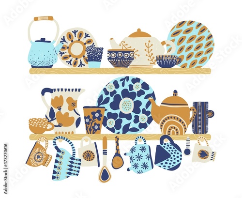 Decorative tableware shelves. Cute rustic ceramic dishes blue and beige colors, patterned cups, ornamental teapots and jug, retro faience goods, kitchen pottery composition vector set