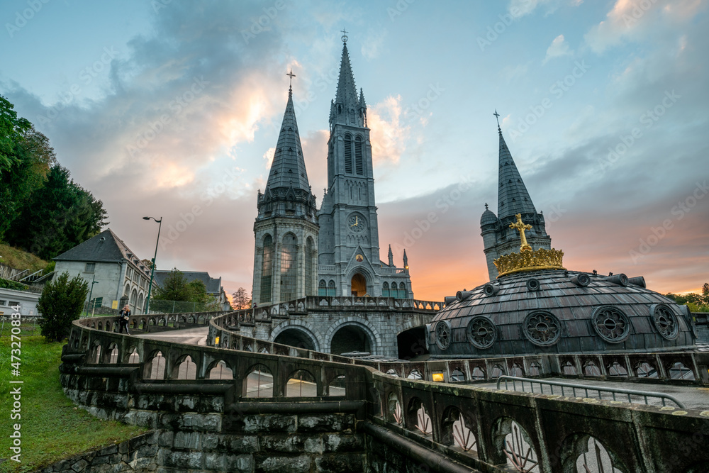 Sanctuary of Our Lady in Lourdes during a phenomenal sunset