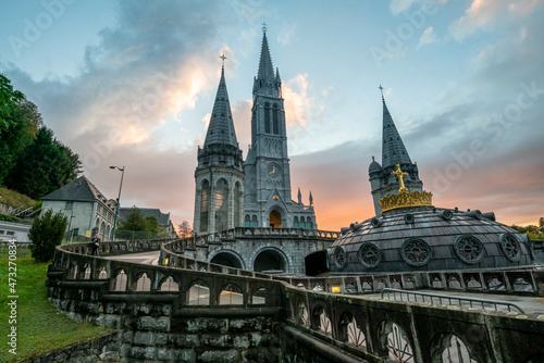 Sanctuary of Our Lady in Lourdes during a phenomenal sunset