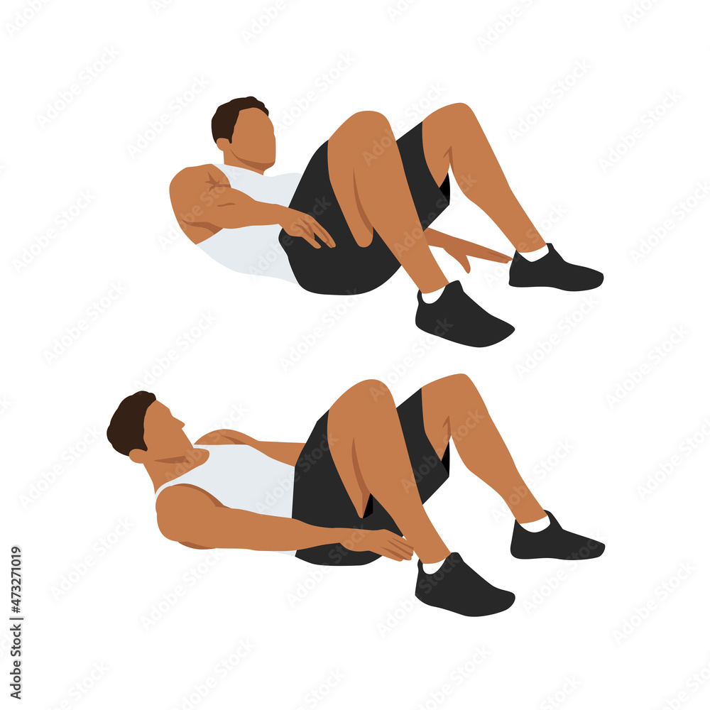Alternate Heel Touches. Lying oblique reach, abs exercise workout flat  illustration Stock Vector