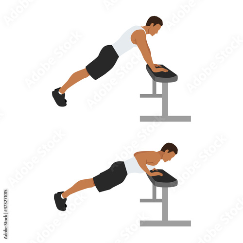 Chest Exercises. Incline Push Up. Flat Design Bodybuilder Character push up on a bench.