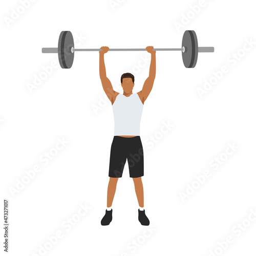 an athlete weightlifter performs a sports exercise overhead press with a barbell, in a graphic flat illustration