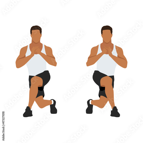 man doing workout with Alternating Curtsy Lunge in 2 steps. Illustration about Exercise guide.