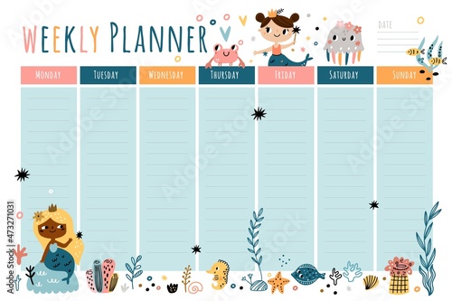 Cute mermaids weekly planner. Sweet girly notebook template, kids fantastic underwater, ocean cartoon childish design, girls stationery, marine poster vector cartoon flat isolated concept