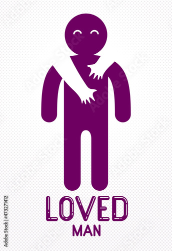 Beloved man with care hands of a lover woman hugging and caresses his shoulders, vector icon logo or illustration in simplistic symbolic style.