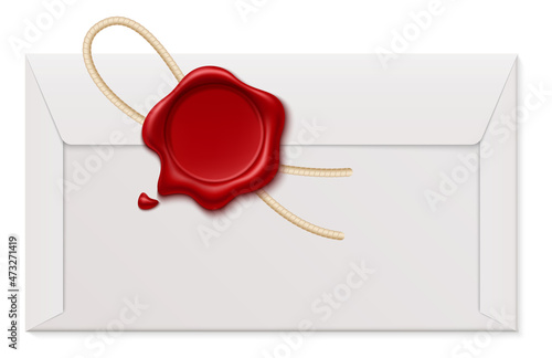 Paper letter with red wax seal. Secure message stamp in realistic style