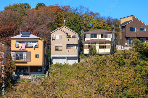 丘の坂道に並んで建つ日当たりの良い家