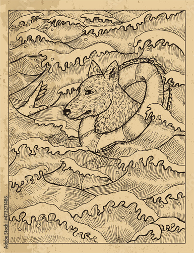 Old textured illustration of dog swimming in sea waves with life saving ring to sinking man.