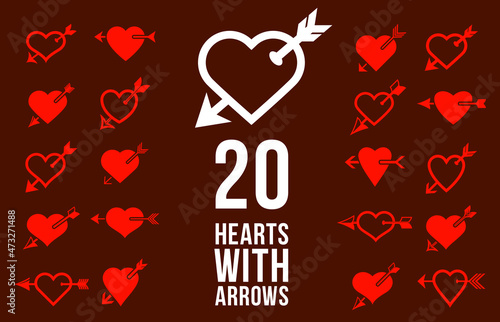 Cupid hearts with arrow from bow vector icons or logos set, romantic hearts fallen in love concept, Valentine theme, lovestruck theme.
