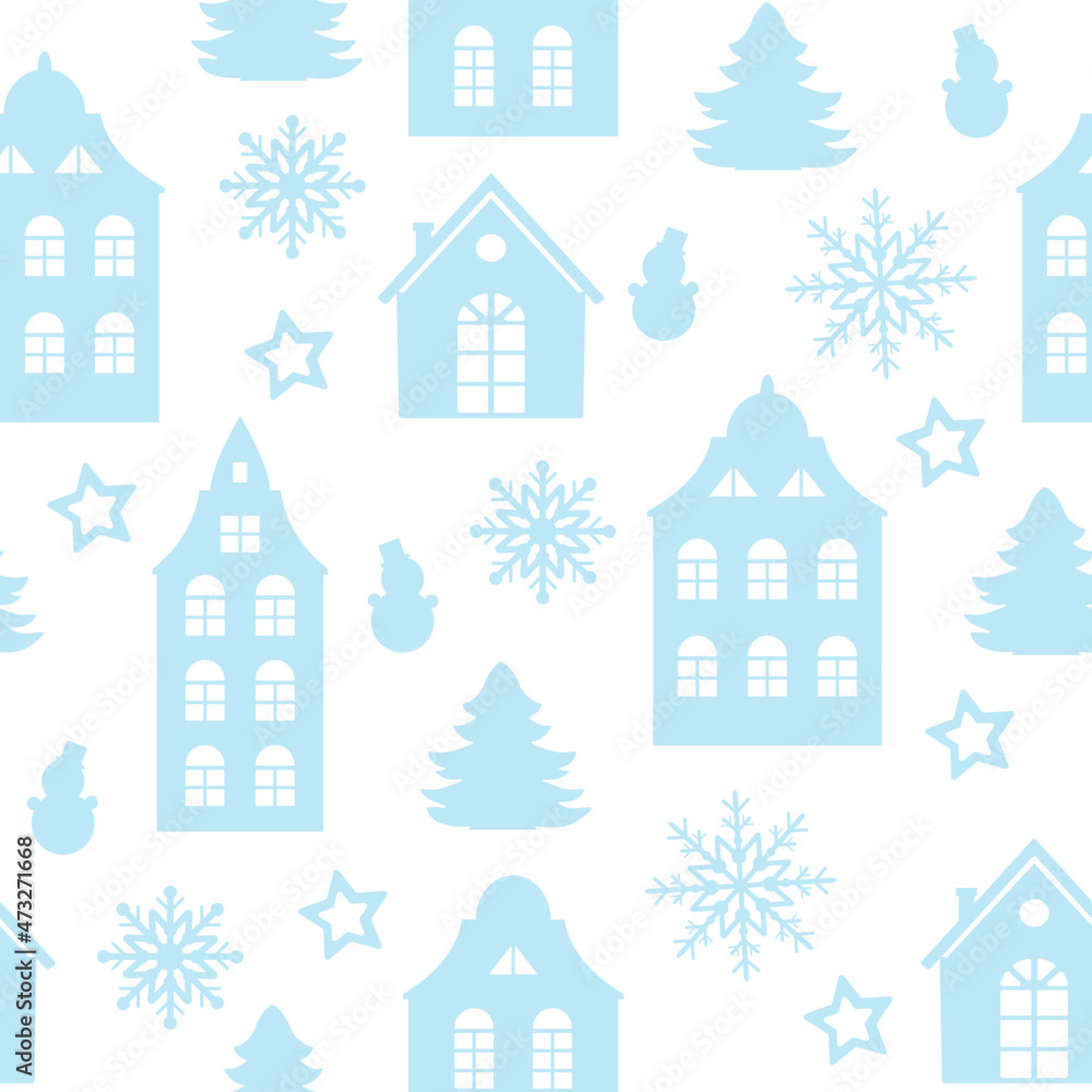 Vector seamless pattern winter landscape with snowflakes, snowmen and houses. Paper cut design. Set of patterns