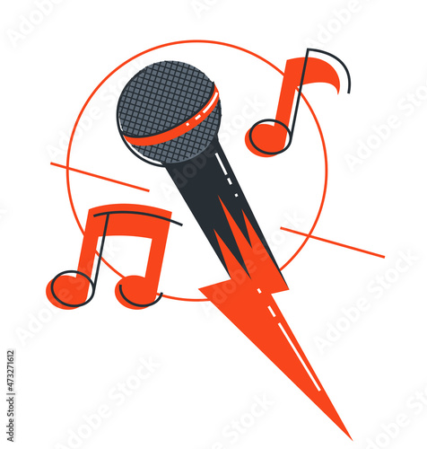 Microphone emblem isolated over white background vector flat linear style illustration isolated, logo or icon for singer or rapper or stand-up comic.