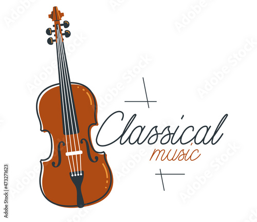 Classical music emblem or logo vector flat style illustration isolated, cello logotype for recording label or festival or musical orchestra.