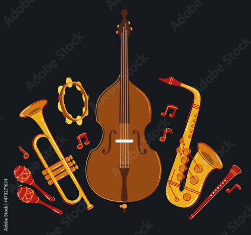 Jazz music band concept different instruments vector flat illustration on dark background, live sound festival or concert, musician different instruments set.