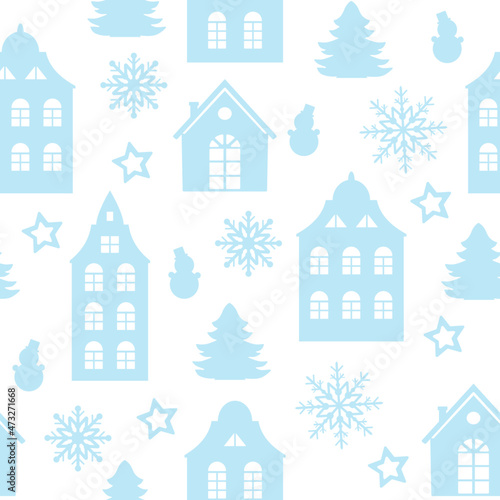 Vector seamless pattern winter landscape with snowflakes, snowmen and houses. Paper cut design. Set of patterns © Irina