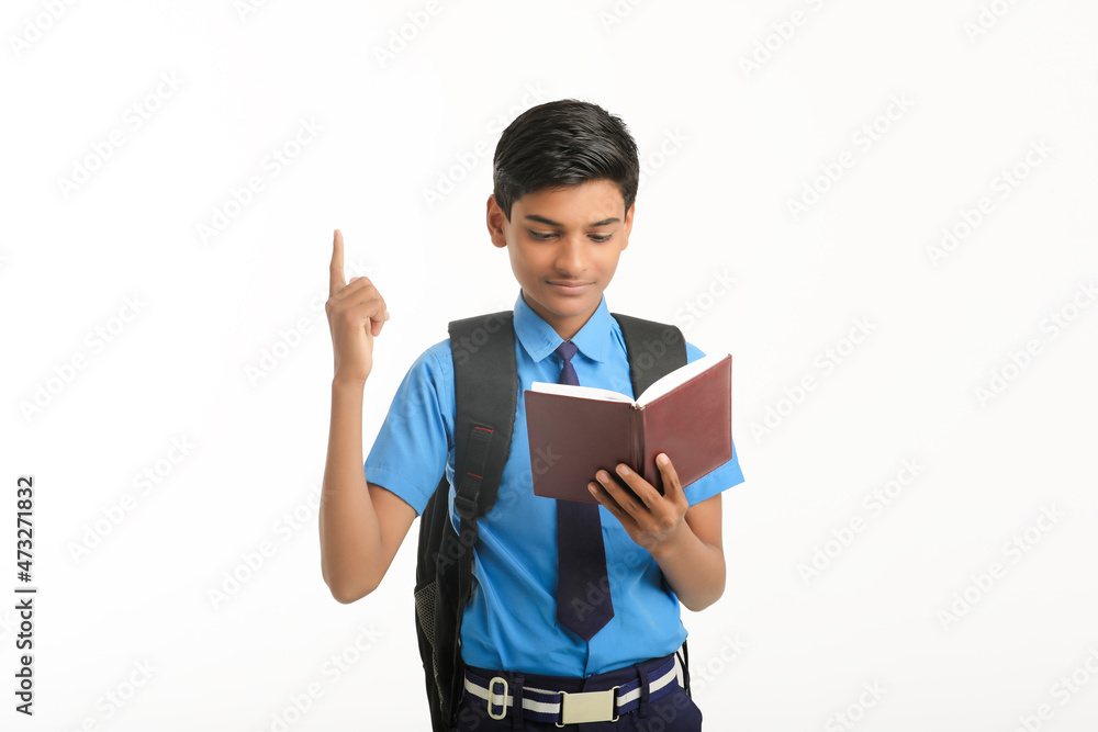Indian school boy in uniform and reading diary on white background. Indian school boy in uniform and reading diary on white background.