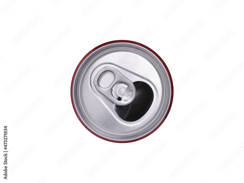 Empty, open can made of food grade aluminum in golden color. Isolated on a white background, top view Empty, open can made of food grade aluminum in golden color. Isolated on a white background, top view