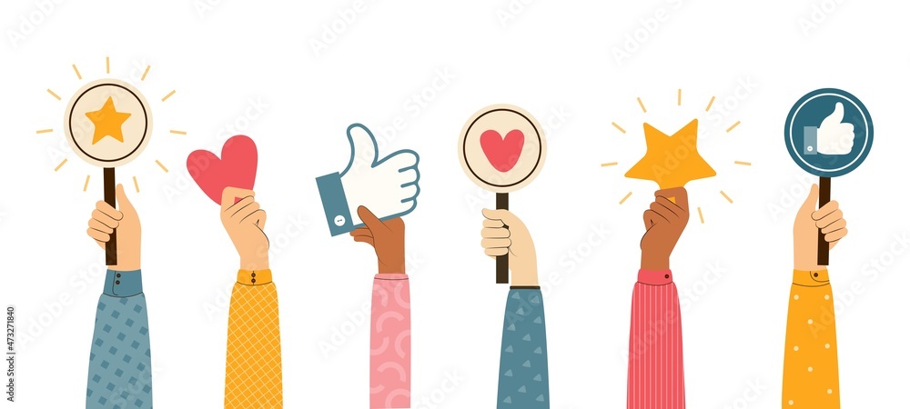 People give review rating and feedback. Hands different skin colors vote. Likes, hearts, thumbs up button, positive and approve signs, rating Icons. Customer choice. Colored flat illustration - obrazy, fototapety, plakaty 