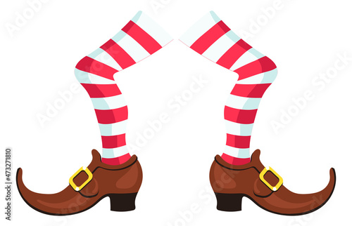 Funny legs in red striped stockings and brown shoes with golden buckles in cartoon style